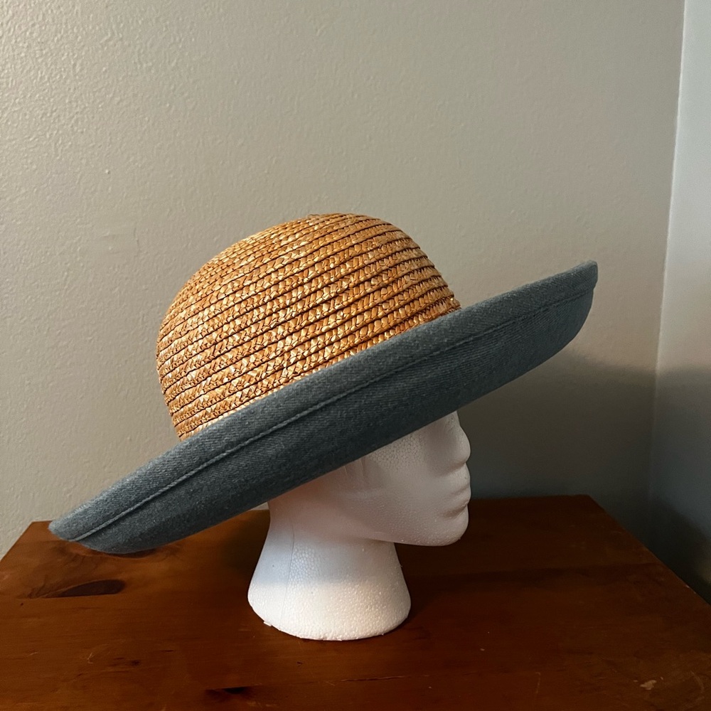 Women’s Tan Straw Hat with Light Blue Denim Trim - Picture 2 of 5